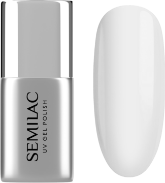 Semilac Fiber Base, mleczna hybrydowa baza z włóknami nylonowymi. Srebrna butelka i mlecznobiały swatch.