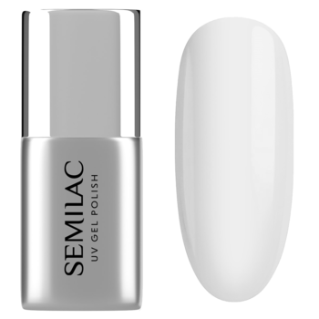 Semilac Fiber Base UV Gel Polish w srebrnej butelce obok mlecznobiałego wzornika, widok z przodu.
