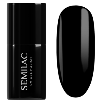 Lakier hybrydowy Semilac 031 Black Diamond: czarna butelka i głęboka, błyszcząca czerń na wzorniku paznokcia.