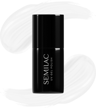 Czarne opakowanie lakieru hybrydowego Semilac 001 Strong White UV GEL POLISH, widok z przodu, na białym tle.