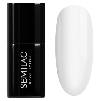 Lakier hybrydowy Semilac 001 Strong White: czarna butelka i śnieżnobiały, kryjący wzornik koloru.