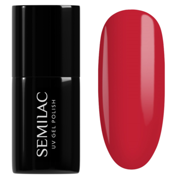 Lakier hybrydowy Semilac 231 Girl on Fire, butelka i swatch klasycznej, wyrazistej czerwieni na paznokciu.