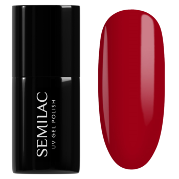 Lakier hybrydowy Semilac 027 Intense Red, czarna butelka i błyszczący wzornik w odcieniu głębokiej czerwieni.