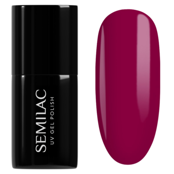 Semilac 028 Classic Wine lakier hybrydowy: czarna butelka i testowy paznokieć w kolorze ciemnej wiśniowej czerwieni.