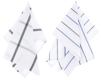 Dwie białe ściereczki do naczyń, jedna w szarą kratę, druga w niebieskie i szare paski, złożone.