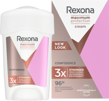 Rexona Maximum Protection Confidence krem antyperspirant. Biały sztyft i różowo-białe opakowanie kartonowe, widok przód.