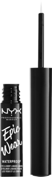 NYX Epic Wear wodoodporny eyeliner w czarnej butelce, otwarta z aplikatorem obok, widok z przodu.