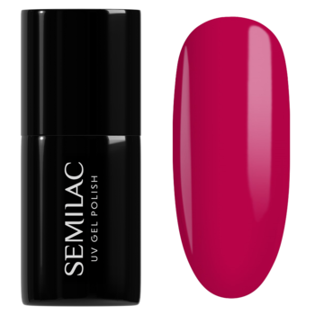 Lakier hybrydowy Semilac 103 Elegant Raspberry: czarna butelka i próbka malinowej czerwieni o neonowej tonacji.