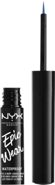 NYX Epic Wear Waterproof Eyeliner w czarnej butelce z otwartą niebieską końcówką aplikatora obok.