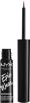 NYX Epic Wear Waterproof Eyeliner, czarny tusz z czerwoną końcówką aplikatora, wyjęty z opakowania.