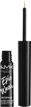 NYX Epic Wear Waterproof Eyeliner, czarna otwarta butelka z wyciągniętym aplikatorem i złotą końcówką.