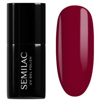 Czarny lakier hybrydowy Semilac 071 Deep Red w buteleczce z napisem oraz wzornik w odcieniu intensywnej, chłodnej czerwieni.