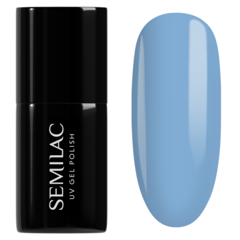 Lakier hybrydowy Semilac 545 Time to Fly: czarna butelka i wzornik z delikatnym, chłodnym błękitem.