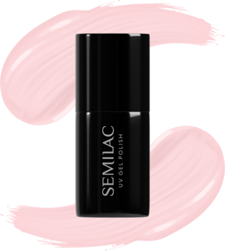 Lakier hybrydowy Semilac UV Gel Polish 032 Biscuit w czarnej butelce, widok z przodu na różowym tle.