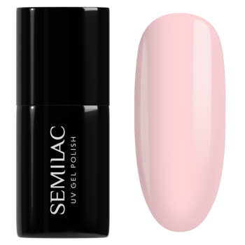 Lakier hybrydowy Semilac 032 Biscuit: czarna butelka i wzornik koloru bardzo jasny mleczny róż, błyszczący.
