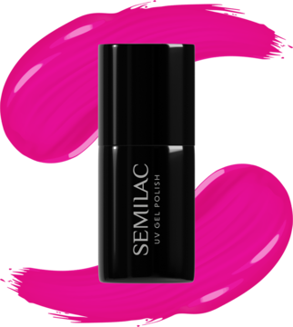 Czarny lakier hybrydowy Semilac UV Gel Polish 121 Ruby Charm na jaskraworóżowym tle, widok z przodu.