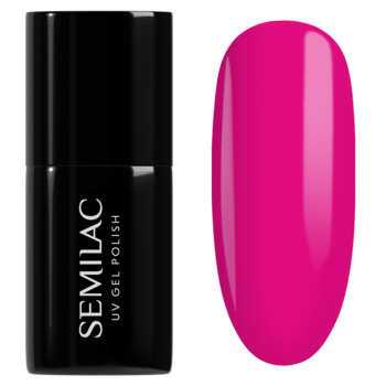 Semilac 121 Ruby Charm lakier hybrydowy: czarna butelka obok intensywnego fuksjowego wzornika koloru.