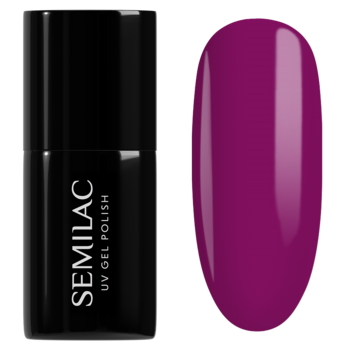 Lakier hybrydowy Semilac 034 Mardi Gras w czarnej butelce i owalna próbka neonowej fuksji z fioletem.
