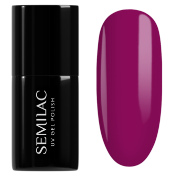 Lakier hybrydowy Semilac 539 Go Bolivia! w czarnej butelce i błyszczący, owalny swatch głębokiego burgundu z fioletem.