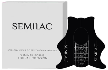 Szablony do przedłużania paznokci Semilac Slim Nail Forms, czarna forma i białe pudełko, widok z przodu.
