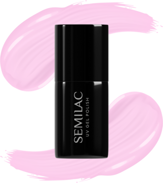 Czarny lakier Semilac 056 Pink Smile UV Gel Polish do manicure, butelka na liliowym tle, widok z przodu.