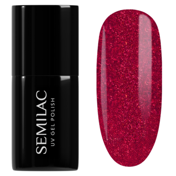 Lakier hybrydowy Semilac 181 Spicy Salsa: czarna butelka i swatch. Karminowy, perłowy lakier z czerwoną drobiną.