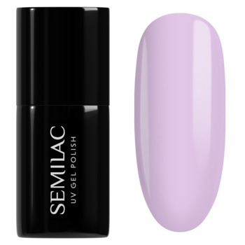 Lakier Semilac 145 Lila Story, kolor mocno rozbielony wrzos, bez drobinek. Widoczna butelka i swatch.