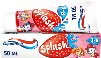 Aquafresh Splash truskawkowa pasta do zębów dla dzieci 3-8 lat, tuba na różowym pudełku z Paw Patrol, 50ml.
