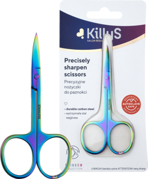 Tęczowe nożyczki KillyS ze stali węglowej do paznokci i skórek, obok opakowania z napisem KillyS.