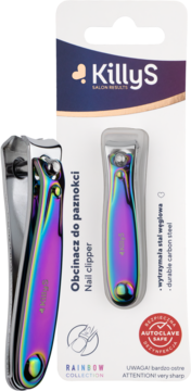 Tęczowy obcinacz do paznokci KillyS Rainbow Collection w blisterze, autoklawowalny, z trwałej stali węglowej.