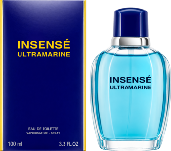 Givenchy Insense Ultramarine EDT, granatowe pudełko i szklana butelka 100 ml z błękitnym płynem, widok przodem.