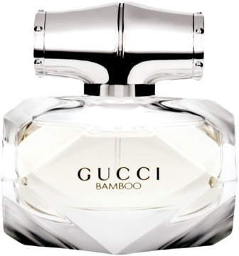 Gucci Bamboo, damska woda toaletowa. Fasetowana szklana butelka z logo i srebrnym korkiem bambusowym, widok z przodu.