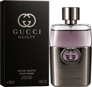 Gucci Guilty Pour Homme EDT: czarne opakowanie i metaliczny flakon z fioletowym płynem, widok z przodu.