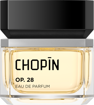 Męska woda perfumowana Chopin OP.28 w przezroczystej butelce z żółtym płynem i czarnym, kwadratowym korkiem.