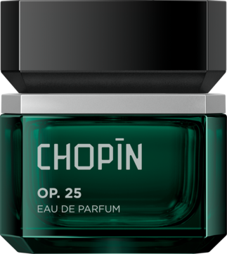 Męska woda perfumowana Chopin OP.25 w ciemnozielonej butelce z czarną nakrętką i srebrnym paskiem, widok z przodu.