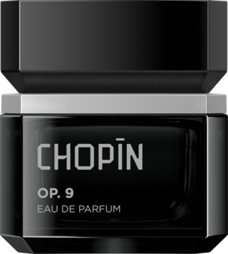 Czarne, prostokątne perfumy męskie Chopin OP.9, drzewno-orientalne, z srebrnym paskiem, widok z przodu.