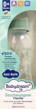 Antykolikowa butelka Babydream z zielonymi akcentami i nadrukiem roślinnym, 0+ miesięcy, w pudełku.