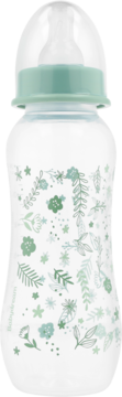 Butelka standardowa 240ml Baby Dream, profilowana, biała z zielonymi liśćmi, silikonowy smoczek 0m+.
