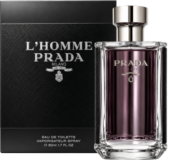 Męska woda toaletowa Prada L'Homme: purpurowa butelka obok czarnego, teksturowanego opakowania z logo.