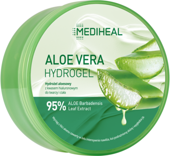 Mediheal Aloe Vera Hydrogel w okrągłym, zielonym słoiku, z liśćmi aloesu na etykiecie, widok z przodu.