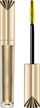 Max Factor Masterpiece tusz do rzęs w złotej tubie. Obok otwarta tuba z jasnożółtą szczoteczką IFX.