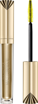 Max Factor Masterpiece tusz do rzęs w złotej tubie. Obok otwarta tuba z jasnożółtą szczoteczką IFX.