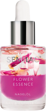 Semilac Flower Essence Nail & Cuticle Oil, przezroczysta butelka z różowymi płatkami i srebrnym zakraplaczem.