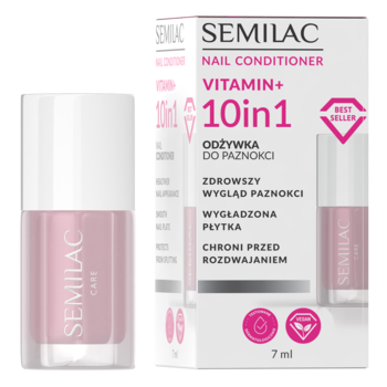 Semilac Vitamin+ 10in1 odżywka do paznokci w różowej butelce i biało-różowym kartoniku, widok z przodu.