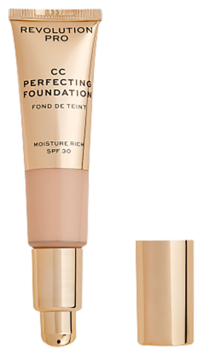 Revolution Pro CC Perfecting Foundation SPF 30, beżowa tubka z złotą pompką, widok z przodu, obok zdjęta nakrętka.