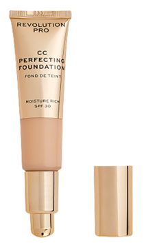 Podkład Revolution Pro CC Perfecting Foundation SPF 30 w złotej tubie z pompką, nakrętka obok.