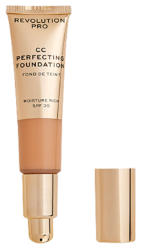 Beżowy podkład Revolution Pro CC Perfecting Foundation SPF30 w tubce ze złotą pompką i zakrętką obok.