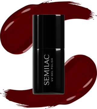 Czarny, błyszczący flakon Semilac UV Gel Polish, z etykietą, na tle brązowo-czerwonego lakieru.