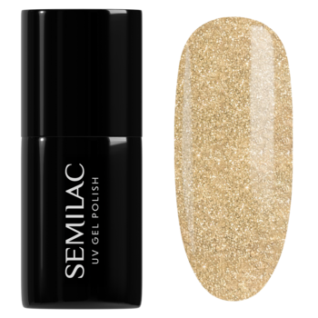 Lakier hybrydowy Semilac Gold Disco. Czarna butelka i złoty, brokatowy swatch z efektem perłowym.