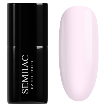 Czarne opakowanie Semilac UV Gel Polish obok transparentnego wzornika w mlecznoróżowym odcieniu.
